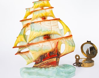 RARE Ceramic Sailing Ship Figurine Vintage made by Ditmar Urbach Czechoslovakia Wall Art Pottery