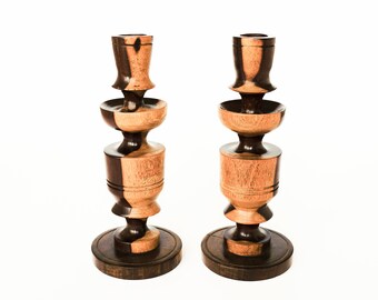 MCM Hardwood Dutch Candlestick Holders Vintage Handmade Hand Turned