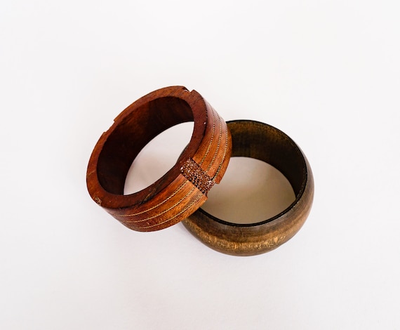 Vintage Wood Bangle Bracelets Set of 2 Retro Jewe… - image 2