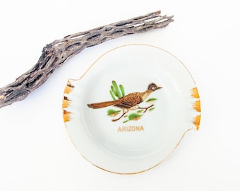 Arizona Roadrunner Ceramic Souvenir Plate Metallic Gold Painted Edges Vintage 1950's Decor