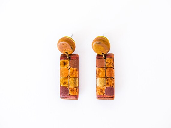 Geometric Vintage Wooden Earrings Metallic Overla… - image 2