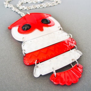 Red & White Owl Necklace Retro 1970's Jewelry Vintage Plastic Pendant image 3