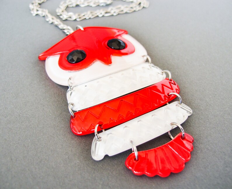 Red & White Owl Necklace Retro 1970's Jewelry Vintage Plastic Pendant image 3