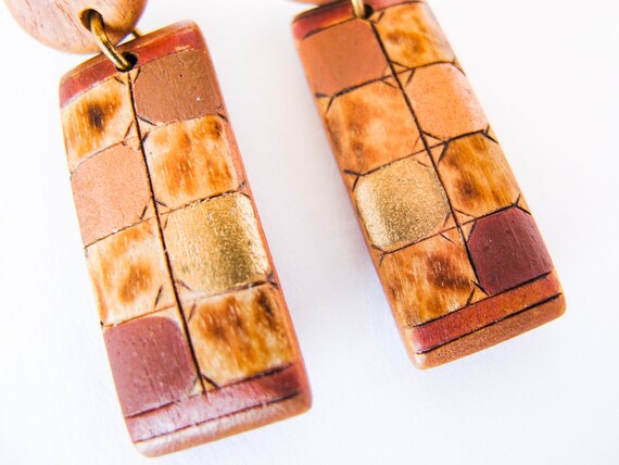 Geometric Vintage Wooden Earrings Metallic Overla… - image 5