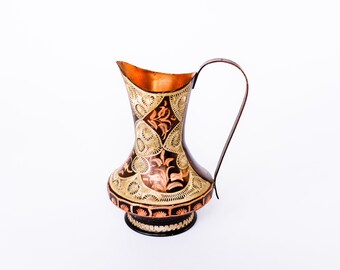 Small Etched Copper Tin Pitcher Vase Vintage Botanical Design Made in India