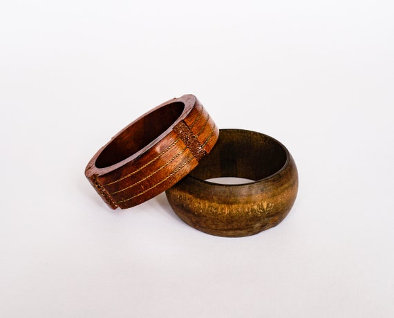 Vintage Wood Bangle Bracelets Set of 2 Retro Jewe… - image 1