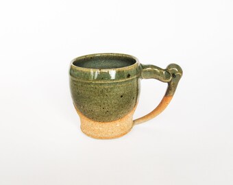 Vintage Green Hand Thrown Mug Artisan Ceramics Celadon Pottery Unusual Handle