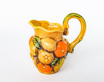 Majolica Creamer Vase Pitcher Vase, Lemons & Oranges Design, Vintage Kitchenware Made by Inarco Japan