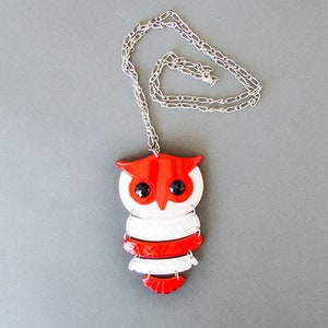 Red & White Owl Necklace Retro 1970's Jewelry Vintage Plastic Pendant image 1