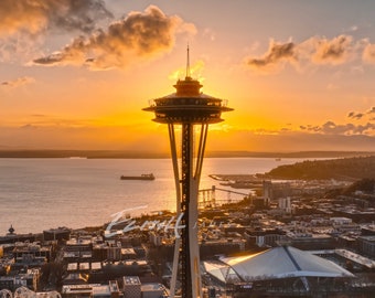 Seattle Space Needle sunset photo print, Aerial Drone Wall Art, Pacific Northwest, PNW, Washington State, SeaTac