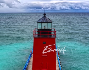 Charlevoix Lighthouse Photo Print, Lake Michigan, Northern Michigan, Clouds, Water, Drone, NOMI, Wall Art, Pure Michigan