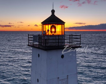 Sunset Photo Print Frankfort Lighthouse, Pink Clouds, Benzie, Leelanau, Drone, Lake Michigan, Traverse City, Wall Art, Pure Michigan