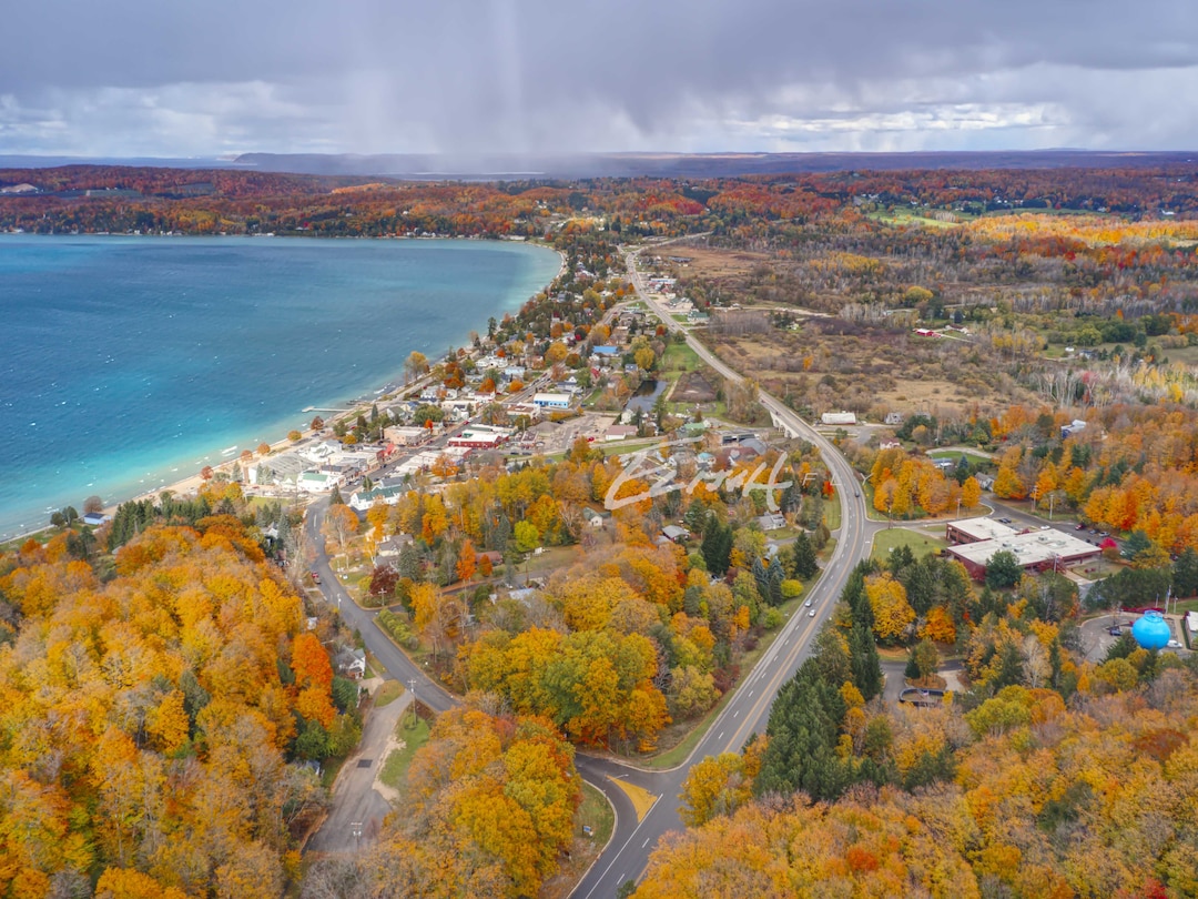 Beulah Benzonia Photo Print, Fall Colors, Autumn, Drone, Aerial, Pure Michigan, Sleeping Bear