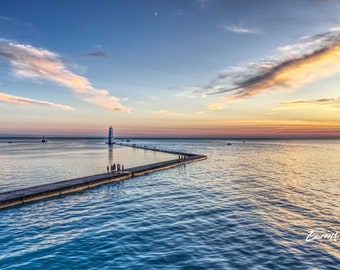 Sunset Photo Print Frankfort Lighthouse, Boats, Water, Clouds, Drone, Benzie, Leelanau, Crystal Lake, Traverse City, Wall Art, Pure Michigan