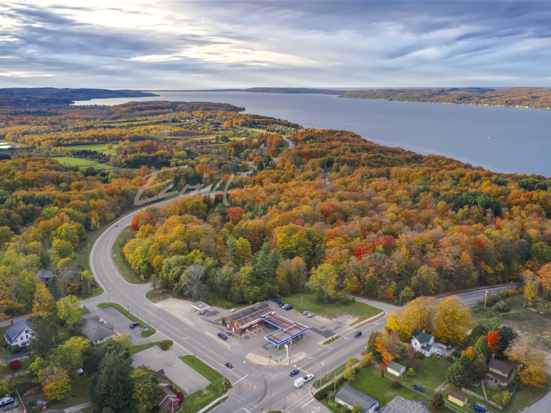 Benzonia Stoplight & Crystal Lake Photo Print Fall Colors Etsy