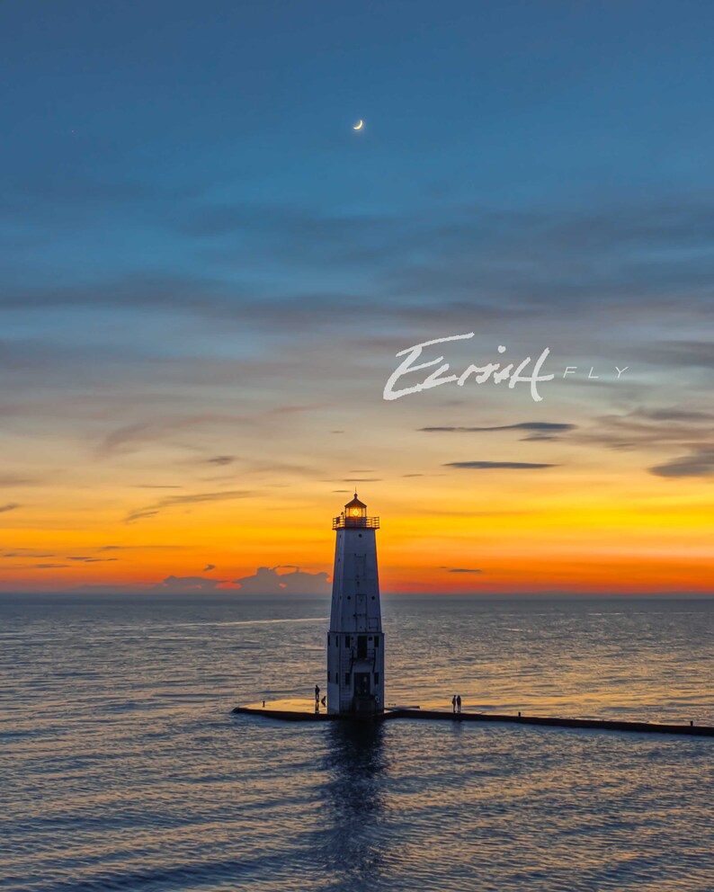 Frankfort Lighthouse Sunset Photo Print, Crescent Moon, Lake Michigan, Northern Michigan, Clouds, Water, Drone, NOMI, Wall Art Pure Michigan image 1