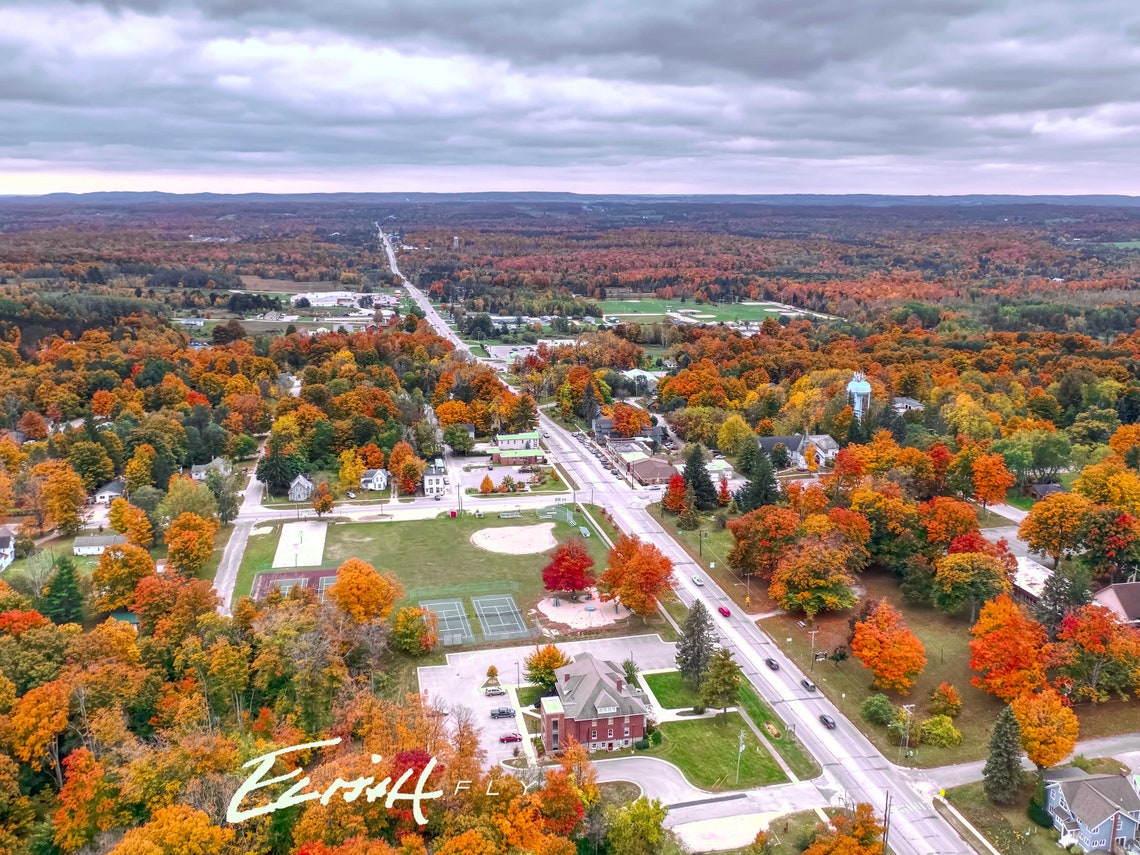 Benzonia Village Photo Print, Fall Colors, Autumn, Drone, Aerial, Pure