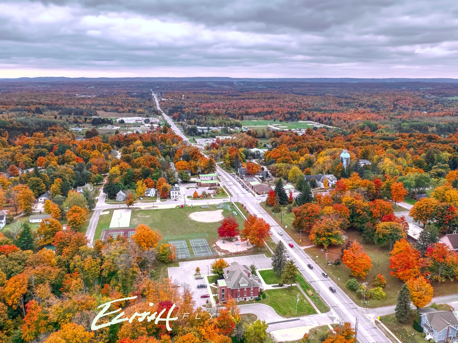 Benzonia Village Photo Print, Fall Colors, Autumn, Drone, Aerial, Pure