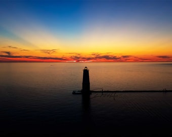 Frankfort Lighthouse Sunset Photo Print, Lake Michigan, Water Swirls, Clouds, Drone, Benzie, Traverse City, Wall Art, Pure Michigan, NOMI