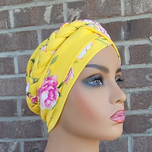 PRE-TIED Turban for women Yellow and Pink, Braided Turban cap, Adult Head Wrap, Twisted hat, alopecia chemo gift for her, Stretchy turban