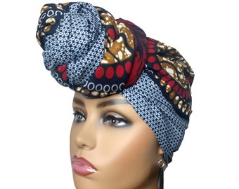 African Head Wraps For Women | Gray and red Headwrap