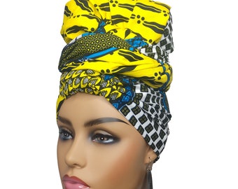 African Head Wraps For Women in Yellow and Blue | Ankara Headwrap | Hairpiece | Hair scarf