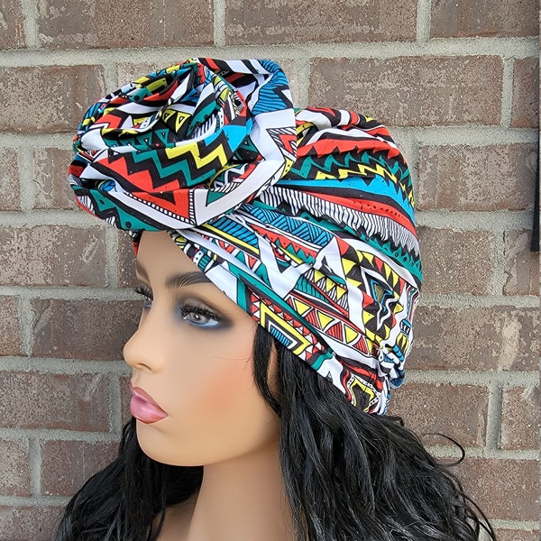 Pre-tied headwrap, Satin Lined Turban, African print Turban, Lightweight turban cap, Afro gift for her, Chemo hat