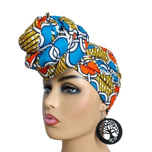 Envoltura de cabeza africana colorida, envoltura de cabeza naranja, envolturas de cabeza azules, envoltura de cabeza Kwanzaa