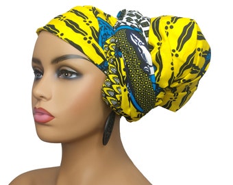 African Head Wraps For Women in Yellow and Blue | Ankara Headwrap | Hairpiece | Hair scarf
