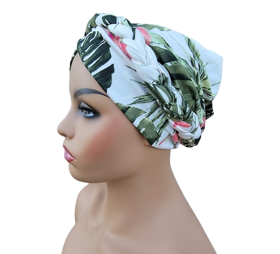 Green Satin Braided Turban Head Wrap Kelon Two-Tone Beaded Braid Turban Cap, Soft Milk Silk  main image 4