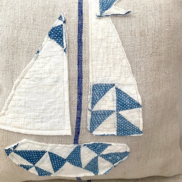 Vintage European grain sack and vintage quilt sailboat pillow - coastal, lakehouse, cottage, beach cottage