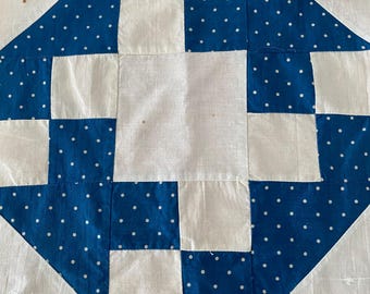 Quilt Squares: Blue Polka Dot Nine-Patch (Set of 5) Hand pieced, Cottage,