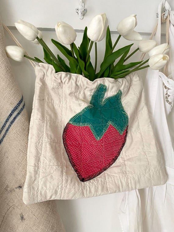 Strawberry Quilted Pocket,Drawstring Pocket Bag, Vintage Strawberry Quilt, Cottage Charm