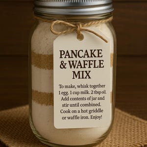 May include: A clear glass jar filled with pancake and waffle mix, topped with a silver lid. A tag tied with twine reads "PANCAKE & WAFFLE MIX" with instructions. The jar sits on a burlap square.