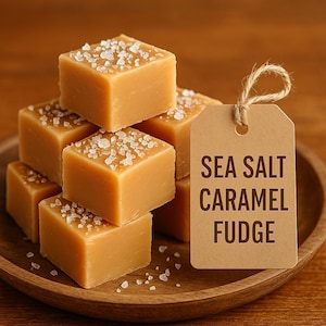 Pode incluir: Uma pilha de quadrados de fudge de caramelo com flocos de sal marinho, apresentada num prato de madeira. Uma etiqueta castanha com as palavras "SEA SALT CARAMEL FUDGE" está pendurada.