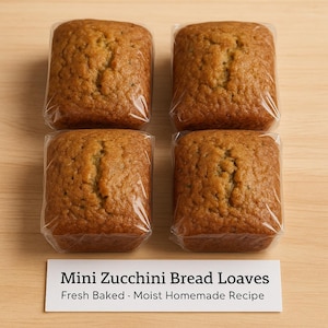 May include: Four mini zucchini bread loaves, individually wrapped in clear plastic. The loaves are golden brown with a textured surface. A white sign at the bottom reads "Mini Zucchini Bread Loaves Fresh Baked - Moist Homemade Recipe."