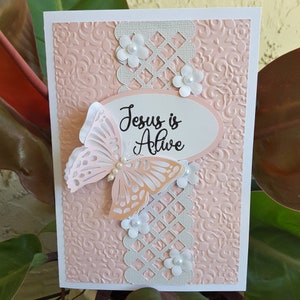 Handmade Easter Greeting Card with butterfly and white Flowers Lace Element - Handmade embossing paper and pearls