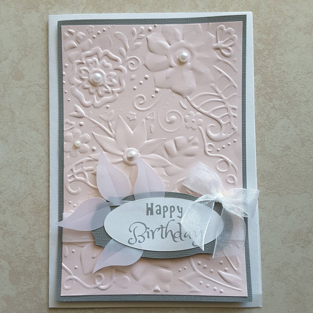Custom Handmade Happy Birthday Pink and Gray Embossed Greeting Card - Etsy