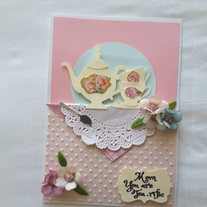 Benutzerdefinierte handgemachte happy Mothers Day Grußkarte - Teezeit - Perle und rosa geprägt