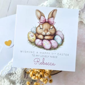 Personalisierte Osterkarte zum 1. Mal für Nichte, Osterhasenkarte für Enkelin, Tochter, Cousine, Pastell-Osterhasenkarte für Kind