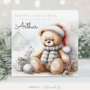 Personalisierte Weihnachtskarte für die beste Schulfreundin, individuell mit Namen, süße Weihnachtskarte mit Weihnachtsmann-Teddybär, süße Karte für die beste Freundin