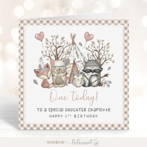 Carte personnalisée de premier anniversaire pour fille, cadeau de papeterie Woodland pour petit-fils, animaux de la forêt mignons sur la 1ère carte de naissance pour neveu nièce