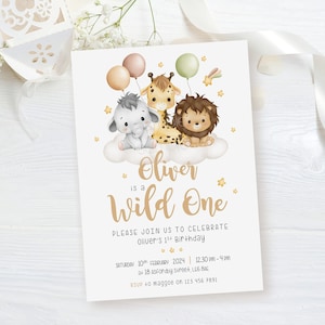 Inviti personalizzati per la prima festa Safari per ragazzi, inviti grandi A5 per il compleanno della giungla, articoli di cancelleria per il primo compleanno con simpatici animali dello zoo
