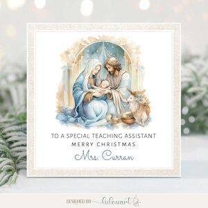 Religiöse Heilige Familienkarte, personalisierte Lehrer-Weihnachtskarte, Schulpersonal-Weihnachtsgeschenk, Urlaubsgrüße für Lehrerassistenten