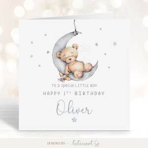 Biglietto di auguri per il primo compleanno personalizzato con età e nome, biglietto illustrato con simpatico orsetto, biglietto di auguri per il primo compleanno del figlio stampato con messaggio