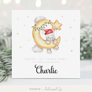 Tarjeta personalizada de Feliz 1a Navidad, Personalizado con saludos con nombre para el nieto, Primer recuerdo de Navidad del bebé, Conejito festivo en la luna