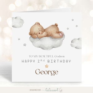 Aan mijn mooie peetzoon verjaardag, gepersonaliseerde 2e verjaardagskaart voor jongen, schattige teddybeer geïllustreerde kaart van tante & oom, ELKE RELATIE