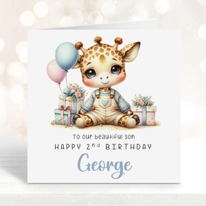 Gepersonaliseerde Giraffe Verjaardagskaart voor Peetzoon, Grillige verjaardagskaart met kleine giraffe, Aangepaste naam wenskaart voor zoon