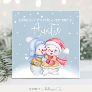 Gepersonaliseerde kerstgevouwen kaart, de perfecte kerstcadeau-aanvulling voor tante, schattige sneeuwpoppen in de sneeuw, elegant en modern vakantie-briefpapier