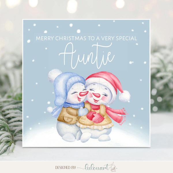 Personalized Xmas folded card, The perfect Christmas gift addition for Auntie, Cute snowmen in the snow, Elegant & modern Holiday stationery